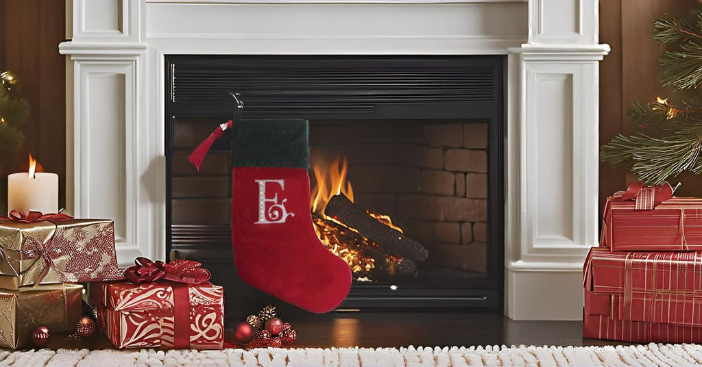 Red and Green Velvet Rhinestone Monogram Christmas Stocking - E
