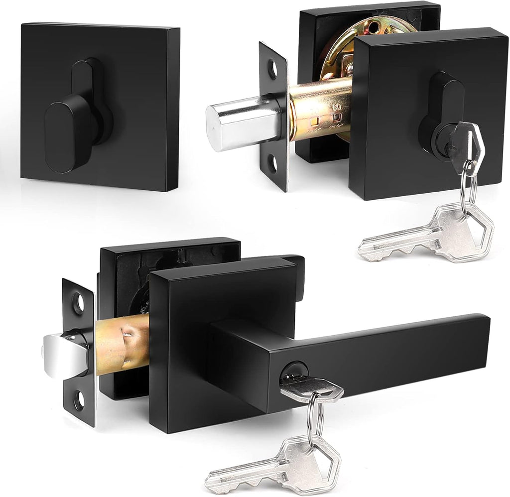 Flat Black Entry Levers Lock Sets and Single Cylinder Deadbolts Keyed Alike Combination Set - Door Lever