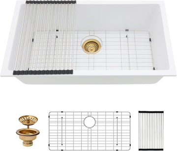 33"x19" Granite Composite Kitchen Sink - White Quartz Undermount Kitchen Sinks Classic Under Counter Single Bowl