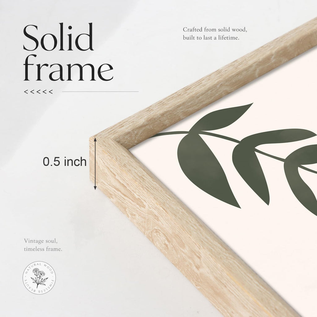 Large Boho Sage Green Framed Canvas Wall Art, Neutral Geometric Line Wall Decor, Minimalist Botanical Leaf Painting