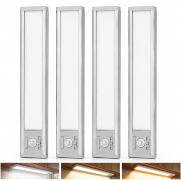 4Pack Aluminum Under Cabinet Lighting, 12inch Rechargeable Ultra-Thin Magnetic Motion Sensor Closet Lights, 3 Colors