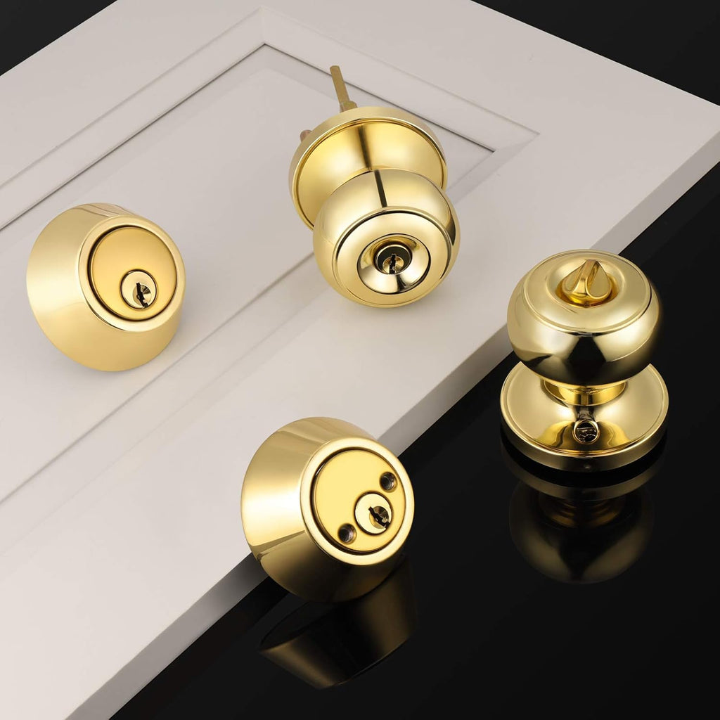 1 Pack Polished Brass Round Style Entry Door Knobs and Deadbolt Combination Set, Keyed Alike Double Cylinder Deadbolt