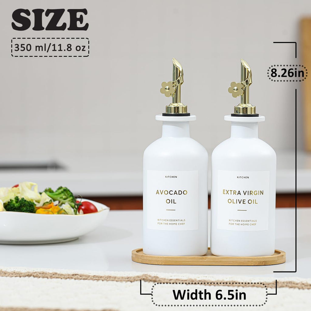 Olive Oil Dispenser, 12oz Glass kitchen Dispenser Bottle, Gold Oil&Vinegar Cruet Set, Leakproof Oil Containers - Set of 2