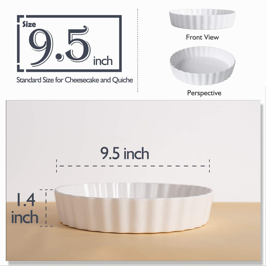 9.5 Inch Ceramic Tart Pan Set of 2 - Porcelain Quiche Baking Dish with Fluted Edge, Round Pie Pan for Chicken Pot