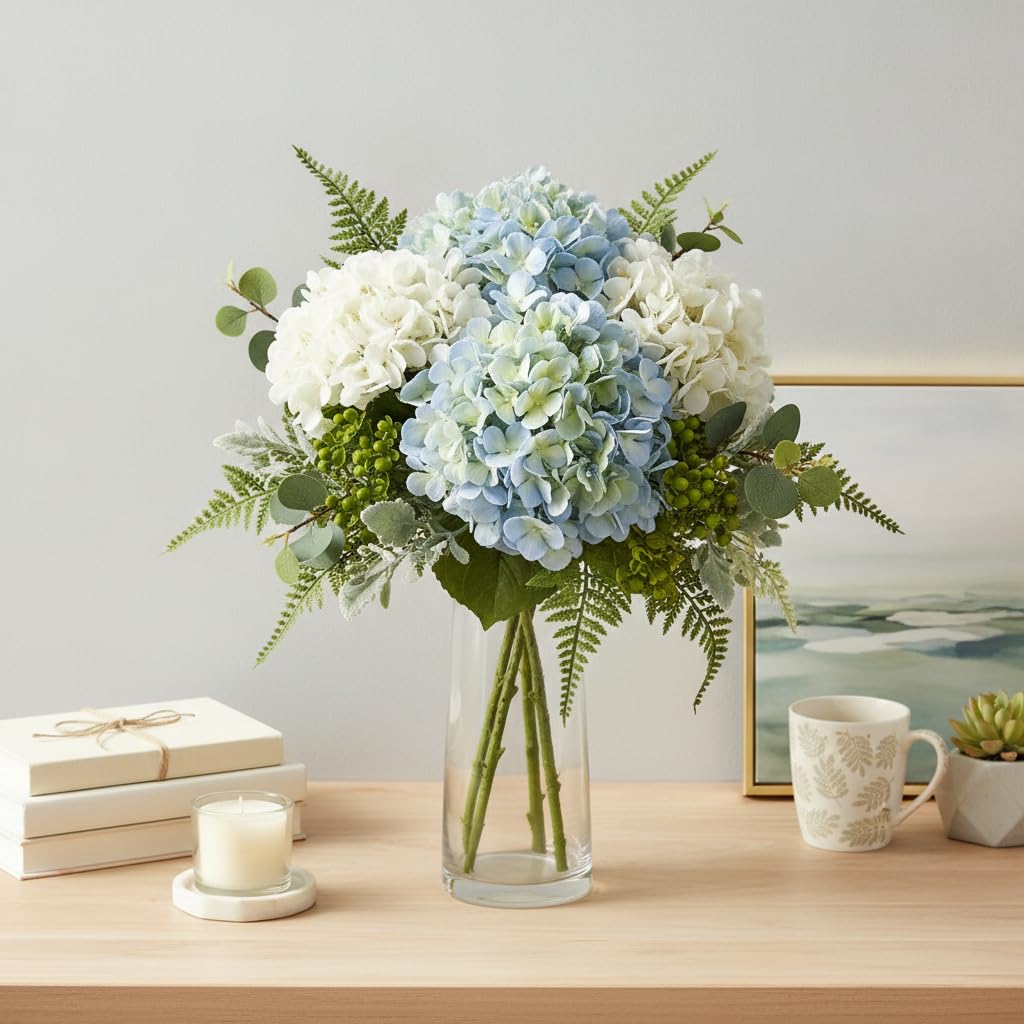 4 Pcs Blue and White Artificial, 21" Real Touch Faux for Decor, Floral Arrangements Decor