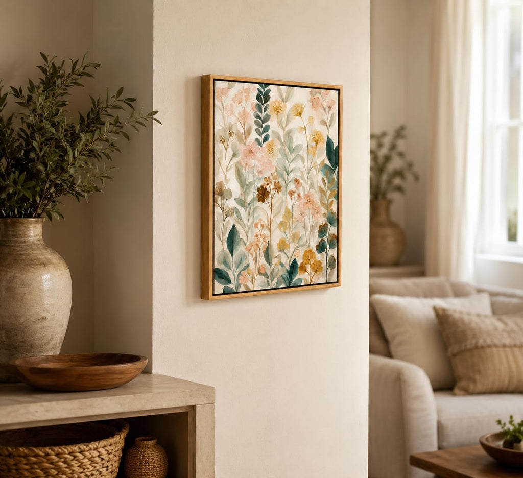 Floating Framed Boho Beige Flower Canvas Wall Art Wall Decor