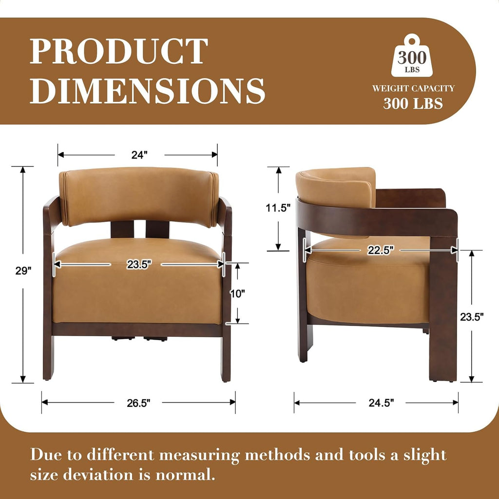 Modern Accent Chair, Upholstered Guest Chair Barrel Chairs PU Leather Side Chair with Wooden Legs Armrest - Set of 2