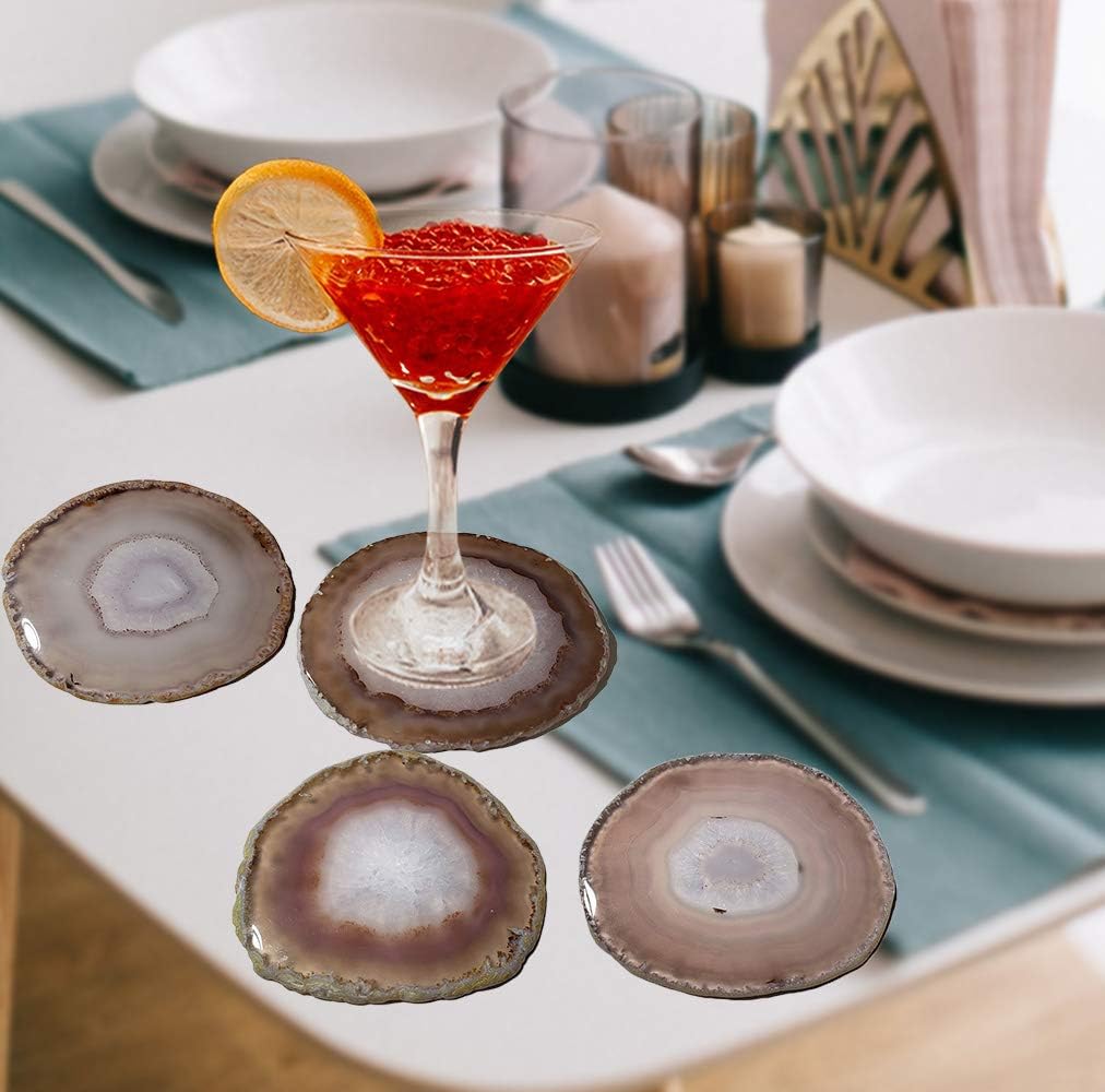 Natural Agate Coasters, Brown Geode Stone Slices 3-3.5'' for Drinks Coffee Wine, Unique Rock Crystal - Set of 4