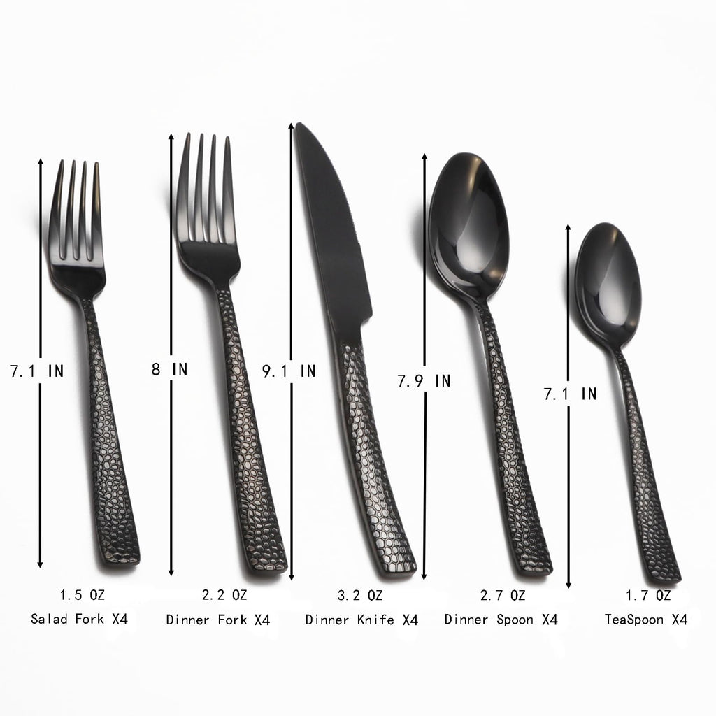 Black Hammered Silverware Set, 20 Piece Stainless Steel Flatware Set for 4, Food-Grade Tableware Cutlery Set