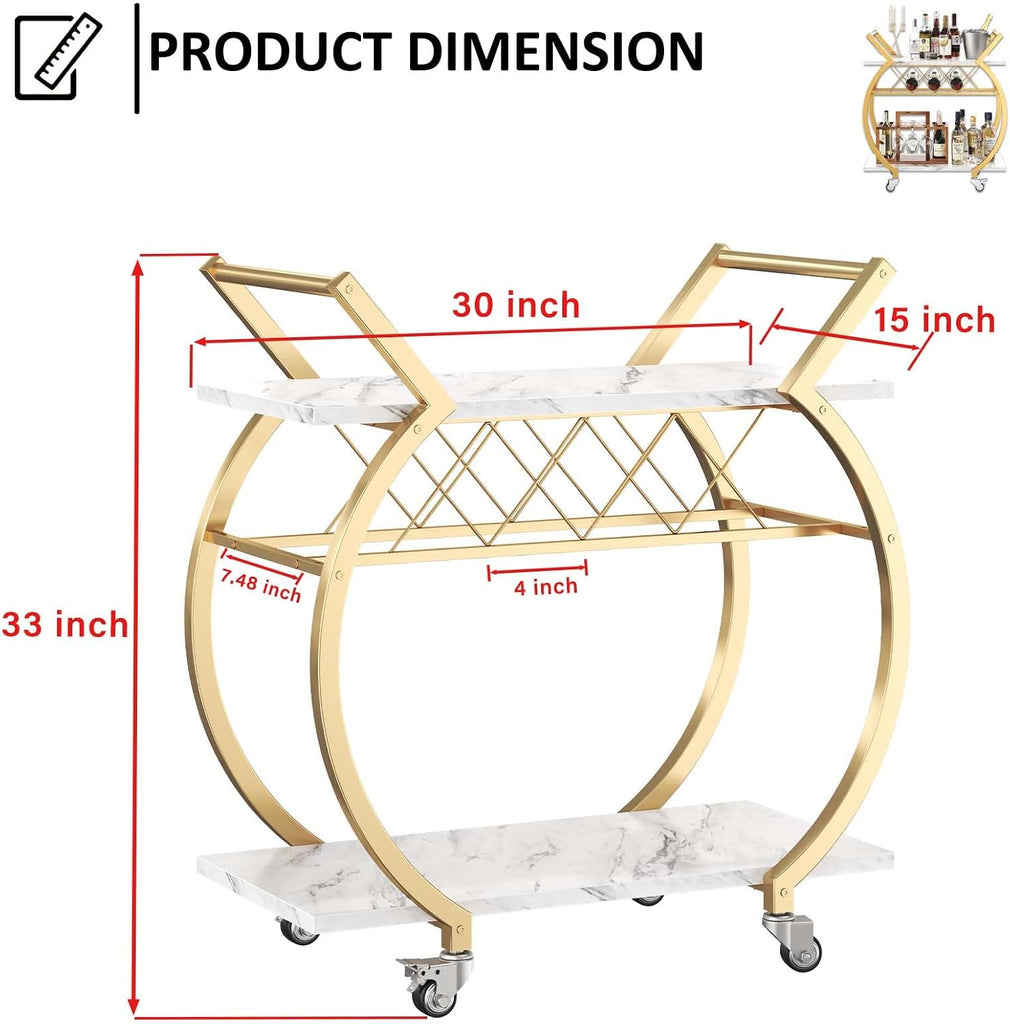 Gold Bar Cart with Wheels, Modern White Marble Home Bar Serving Cart | Drink Cart with Wine Rack, Metal Wooden
