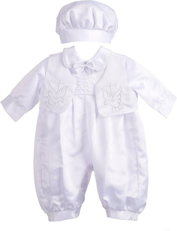 Infant Baby Boy Christening Baptism Outfit Satin Romper Bodysuit Set with Bonnet Hat Months, White