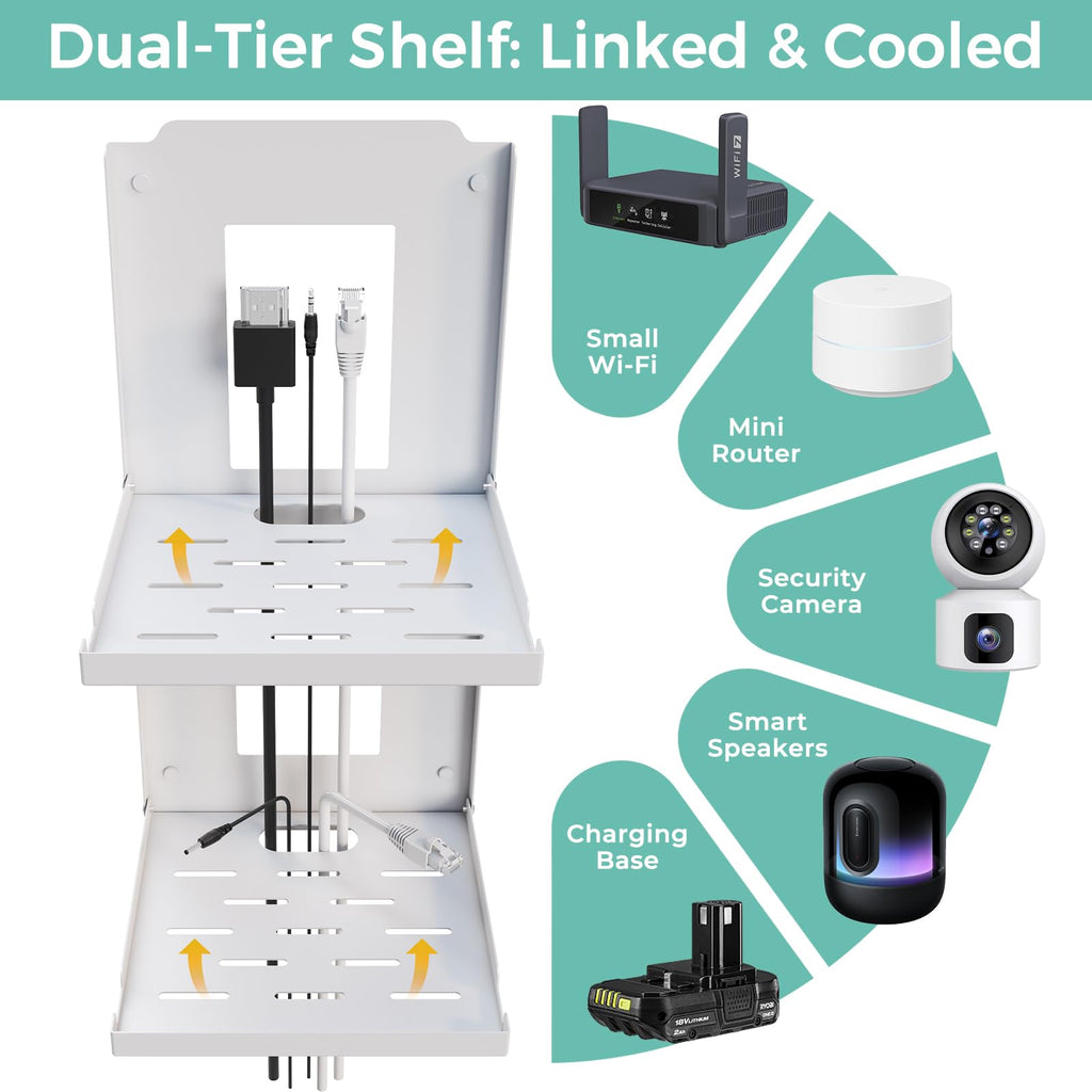 2-Tier Small Router Shelf Wall Mount - 7.5 inch Folding Metal Outlet Shelf w/Cable Holes | Dual-Layer & Stackable