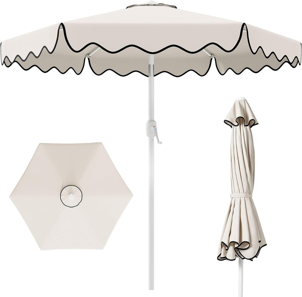 Patio Umbrella with Wavy Trim, UV-Fade-Resistant Canopy, Crank & Tilt - White 9ft
