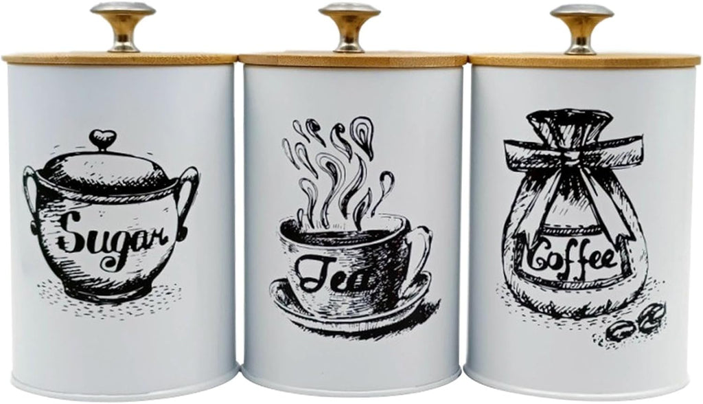 3-Piece Kitchen Canister Set for Coffee Tea Sugar, Iron and Bamboo Countertop Storage Jars with Dustproof Lids - Set of 3