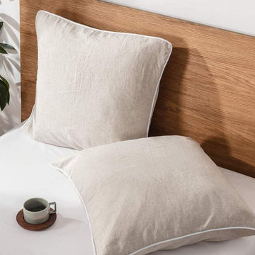 100% Linen Euro Sham Covers with Piping Trim, 26"x26" Pillow Cover Set of 2, Breathable Pillow Shams for Bed Couch