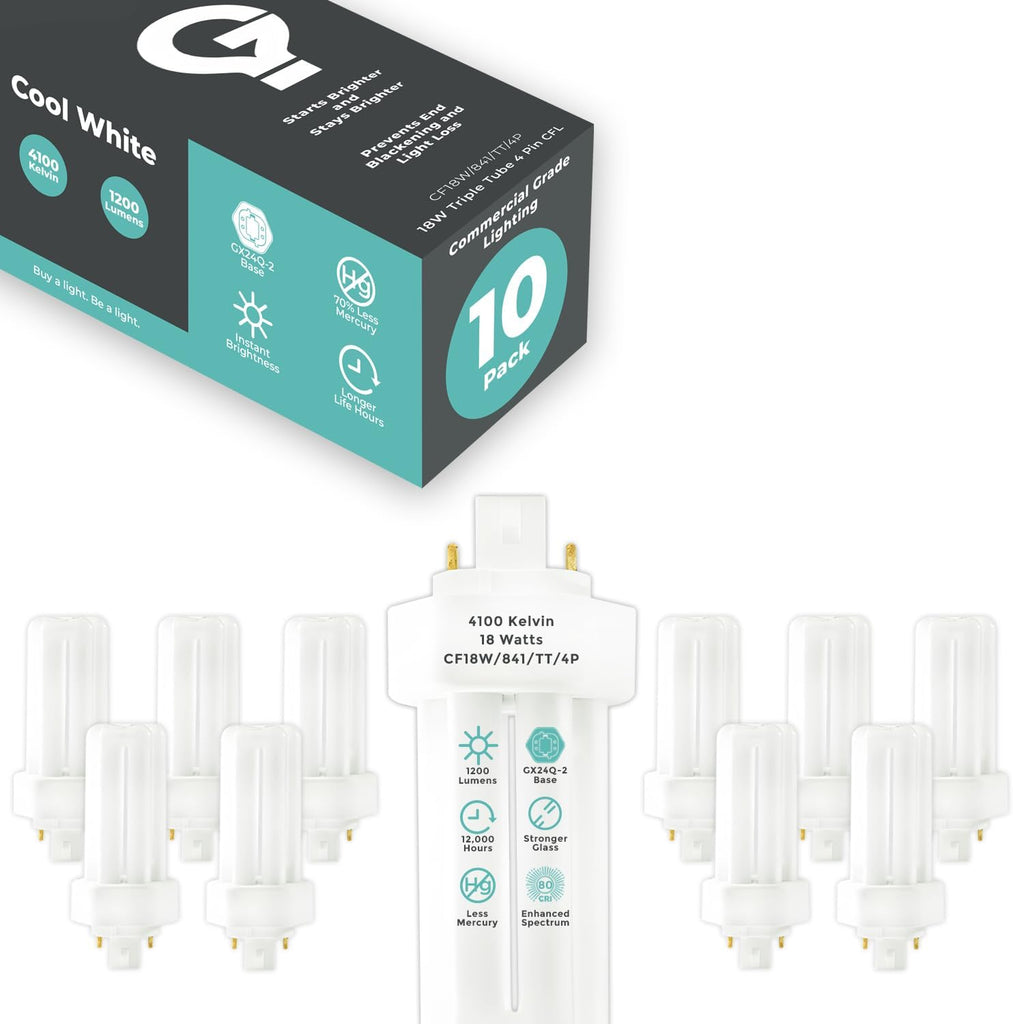 18 Watt CFL Light Bulbs 4 Pin GX24Q-2 Base 4100K Cool White 18W High Output 1200 Lumens Triple Tube Compact