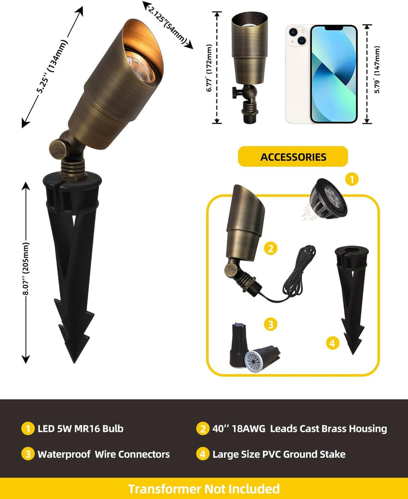 Brass Landscape Spotlights, 6 Pack Spot Lights Outdoor with 5W Aluminum Housing MR16 LED Bulb 2700K 450LM, 12V AC/DC