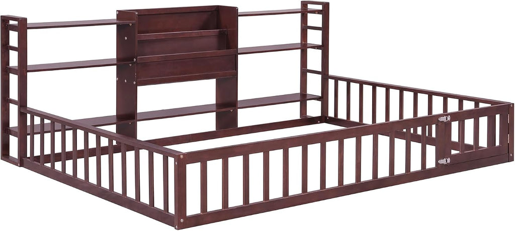 Montessori Floor Bed with Bookcase, Shelves and Fence