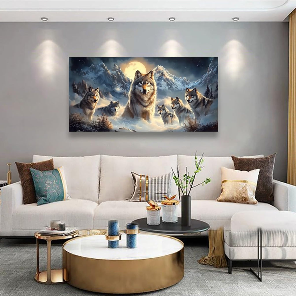 Framed Wolf Wall Art, 40x20 Inch Large Horizontal Mountain Moon Wolves Canvas Prints, Rustic Wildlife Nature Wall