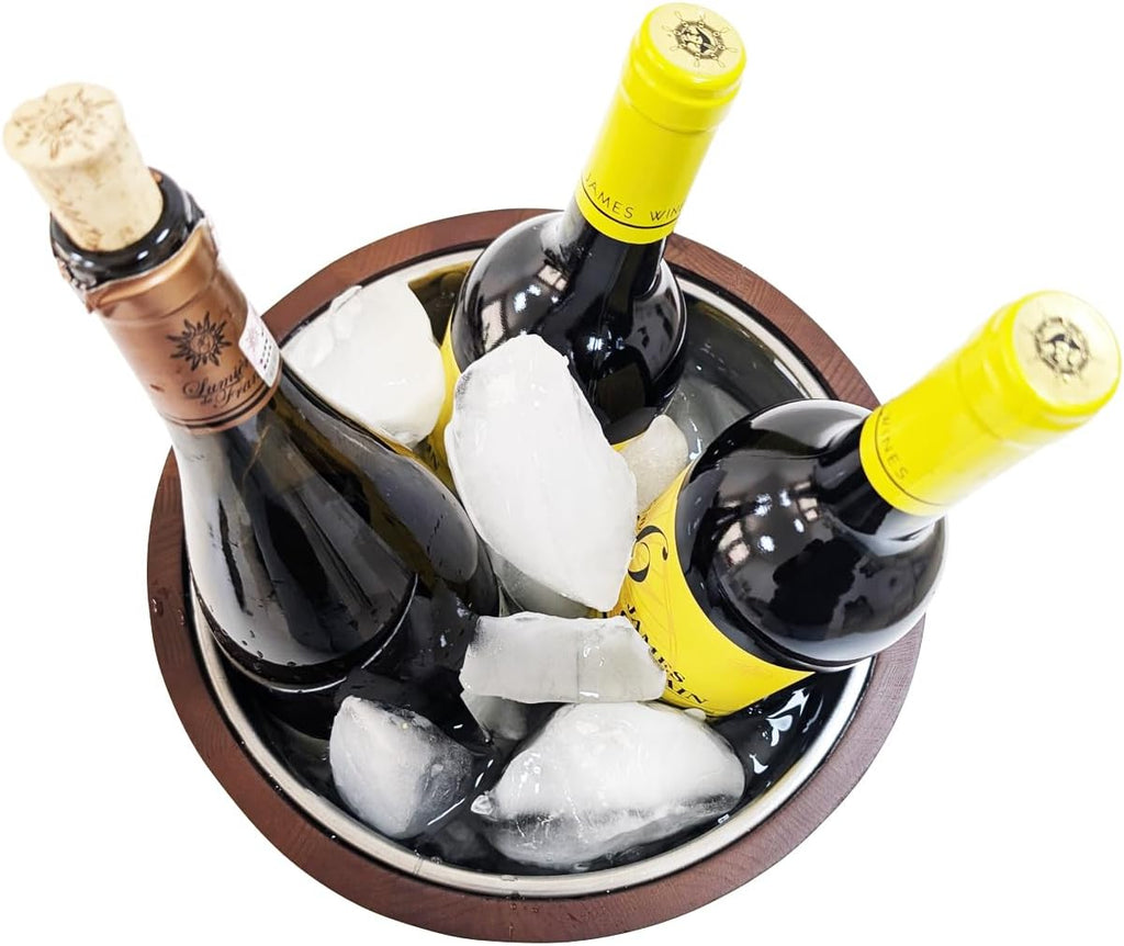 Insulated Wine Bucket, 4L Stainless Steel & Wood Wine Chiller Bucket for Wine, Champagne & Beer, Portable Wooden Ice