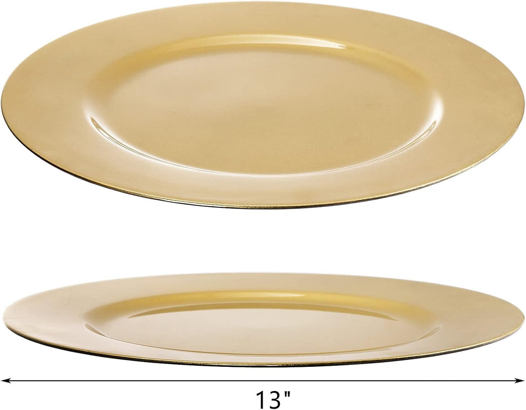 Gold Charger Plates, 13 Inch Plastic Round Dinner Charger Plates for Wedding Party, Elegant Tabletop Decor - Set of 12