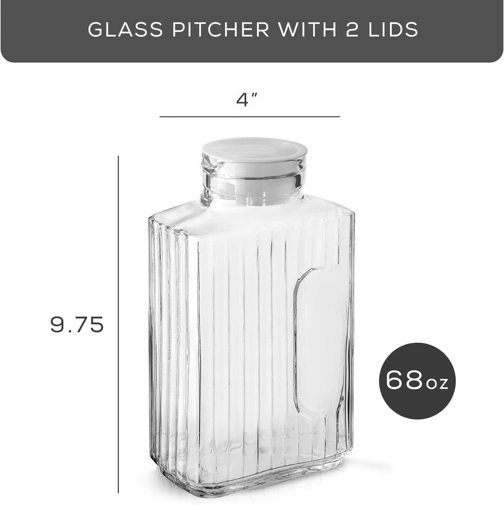 68oz Glass Pitcher with Lid (2 Lids), Rectangle Beverage Serveware and Storage Container for Cold Drinks and Liquids