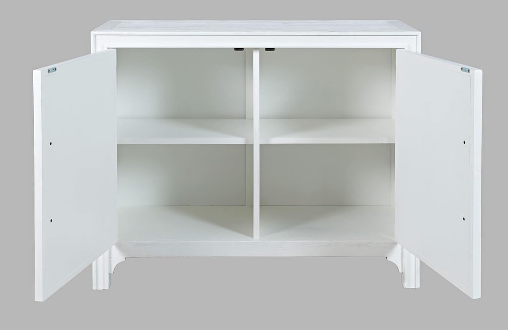 Accent Chest with Two Doors, Acacia Wood Chevron Cabinet Entryway, Mid-Century Modern Storage Sideboard, Blanc White