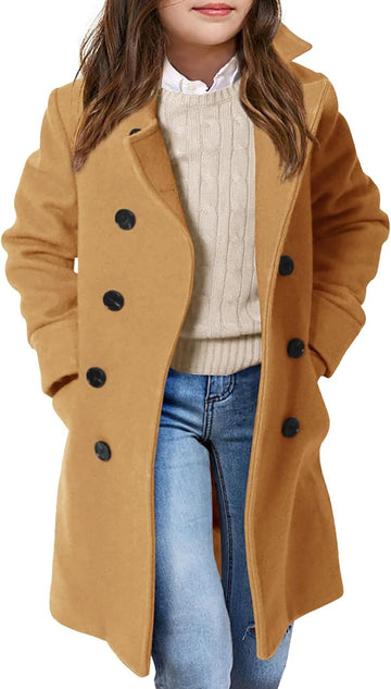 Girls Double Breasted Trench Coat Notch Lapel Long Peacoat