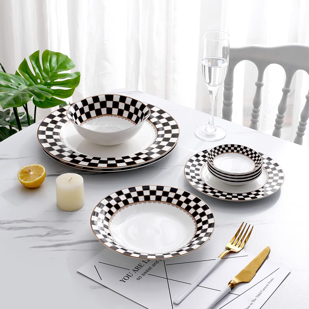 Checker Pattern 20-piece Round Dinnerware Set for 4, Porcelain Dinner Sets