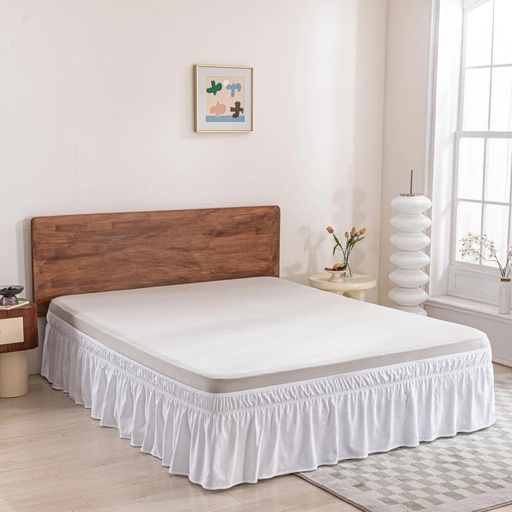 Wrap Around Bed Skirt - Queen Size Bed Skirt with 15 Inch Drop, White | Easy Fit Elastic Strap - Adjustable Pleated