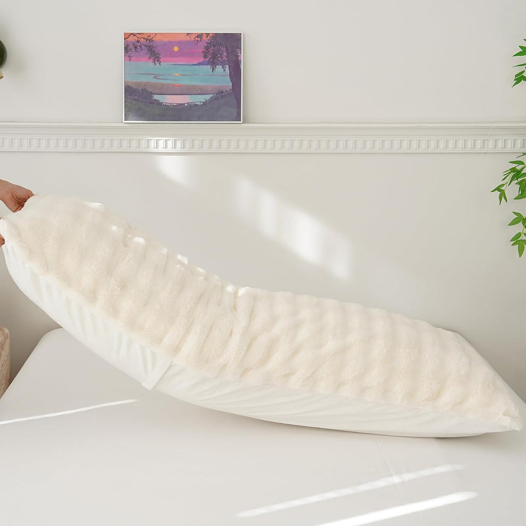 Full Body Pillow with Fluffy Bubble Waffle Carved Faux Fur Removable Cover, Long Bed Pillow Adult 20x54 Inches for