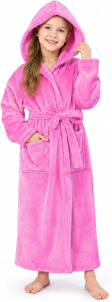 Girls Hooded Plush Bathrobe Full Length - Soft Fleece Robe with Belt & Pockets, Long Kids Robe for Girls