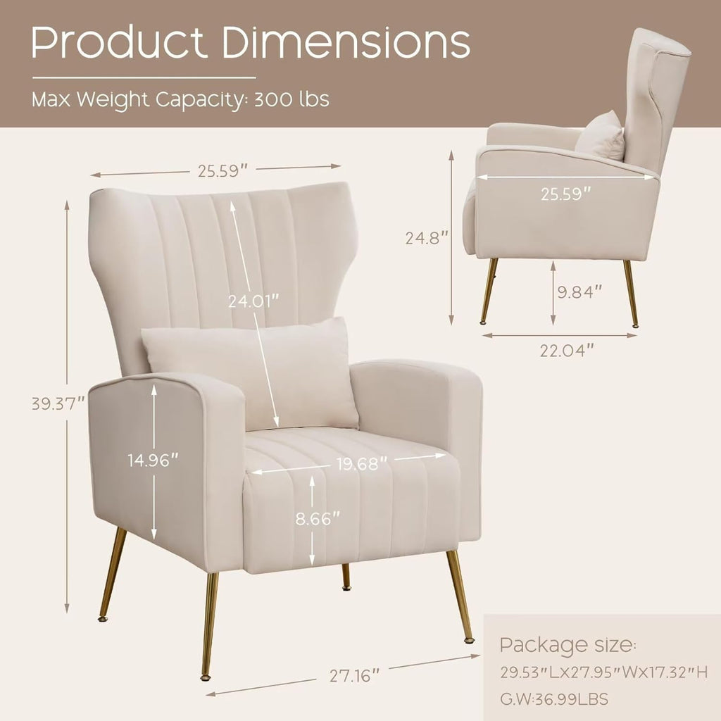Velvet Accent Chair Set of 2,Wingback Armchair , HighBack Reading Chair with Golden Legs Lumbar Pillow, Upholstered