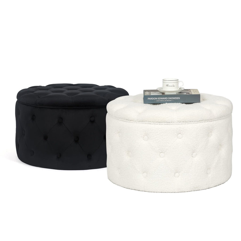 Velvet Round Storage Ottoman with Tufted Lid, 24.8 Inch Upholstered Footstool & Accent Chair, Black