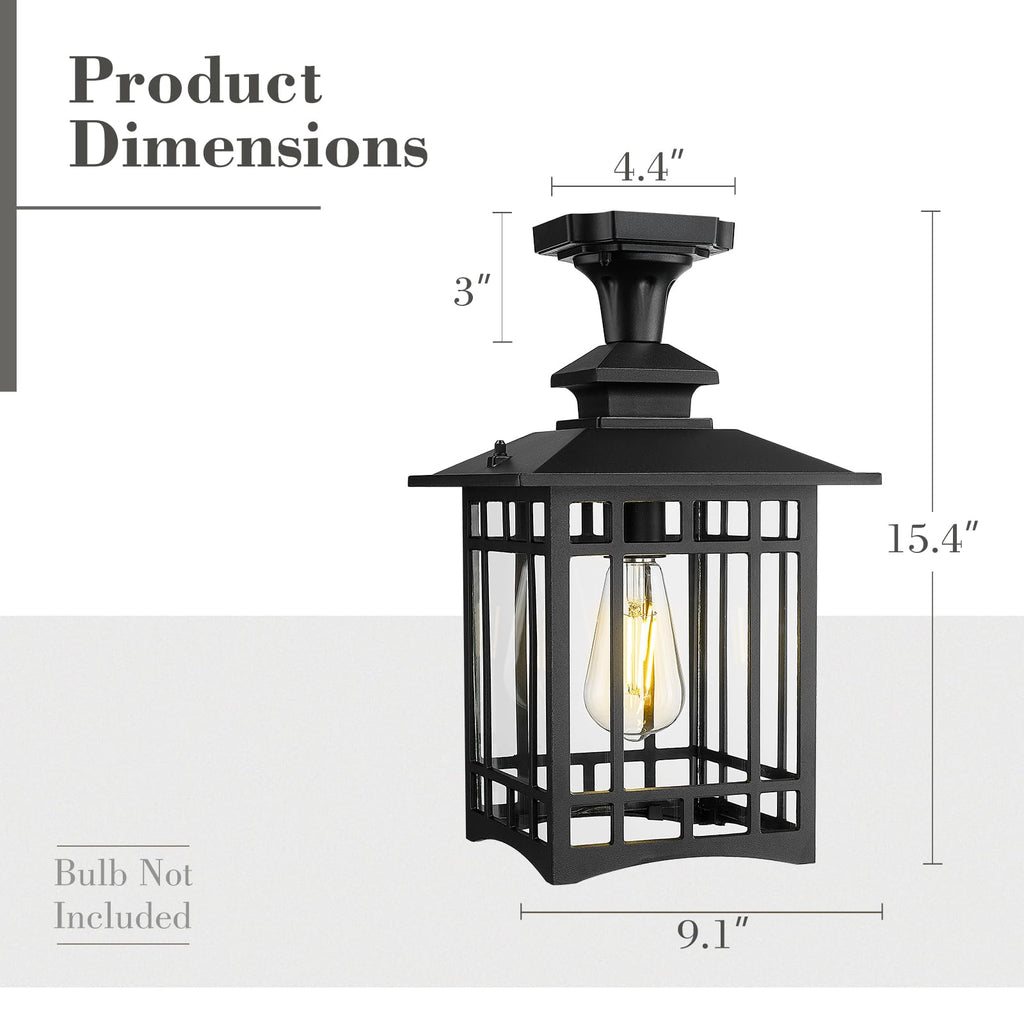 Outdoor Semi Flush Mount Ceiling Light Fixture, 15.4 Inch Black Porch Light Ceiling Mount with Clear Glass for Proch