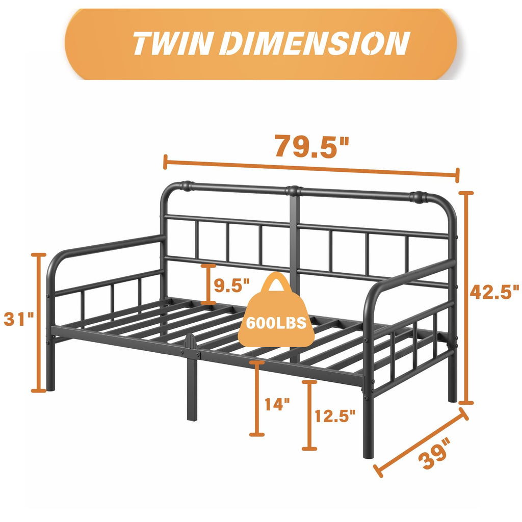Twin Daybed Frame, Classic Day Bed Frame Twin Size with Headboard, Metal Platform Sofa Bed Living Room, Heavy Duty