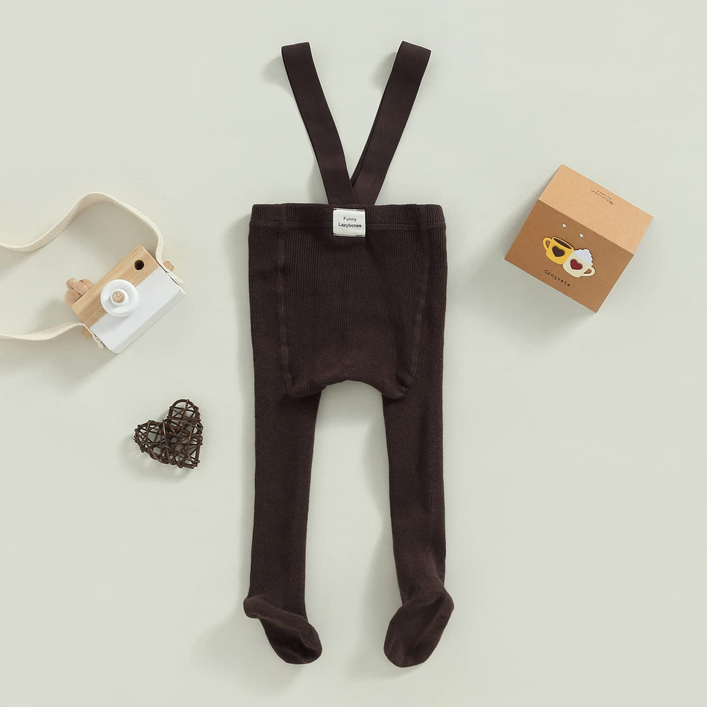 Girl Boy Suspender Tights Pantyhose Ribbed Knit Leggings Stockings Solid Color High Waist Cute Footed Pants (B-Brown