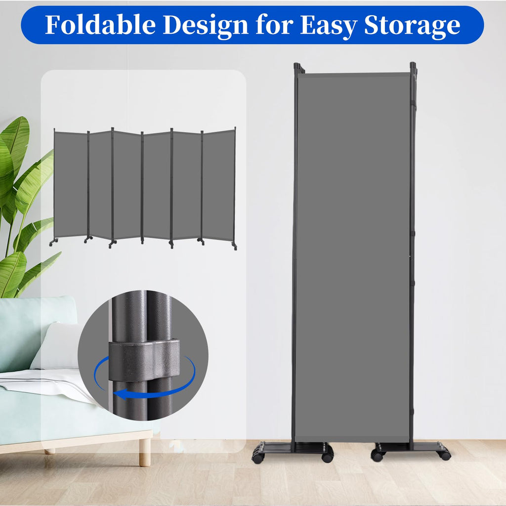 Room Divider 6FT 6 Panel Folding Room Partition with Lockable Wheels, Grey