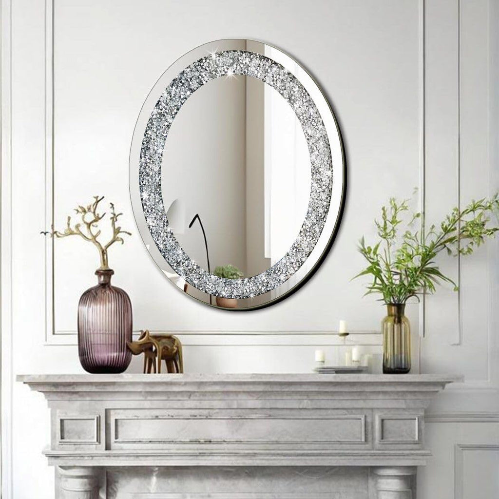 Crystal Crushed Diamond Oval Shaped Glam Bling Silver Mirror for Wall Decoration 16x20x0.9 inch Wall Hang Frameless