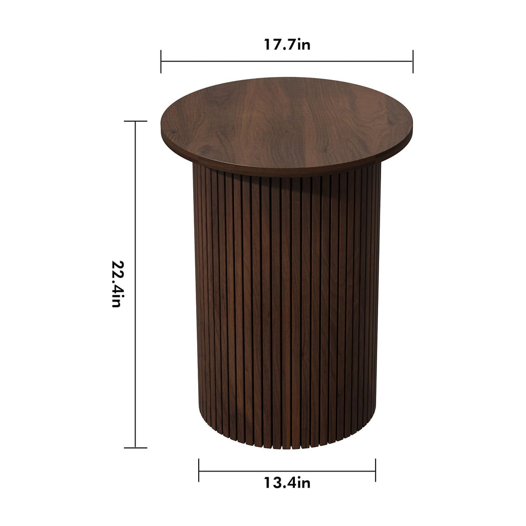 Round Fluted End Table, Small Accent Pedestal Side, Brown