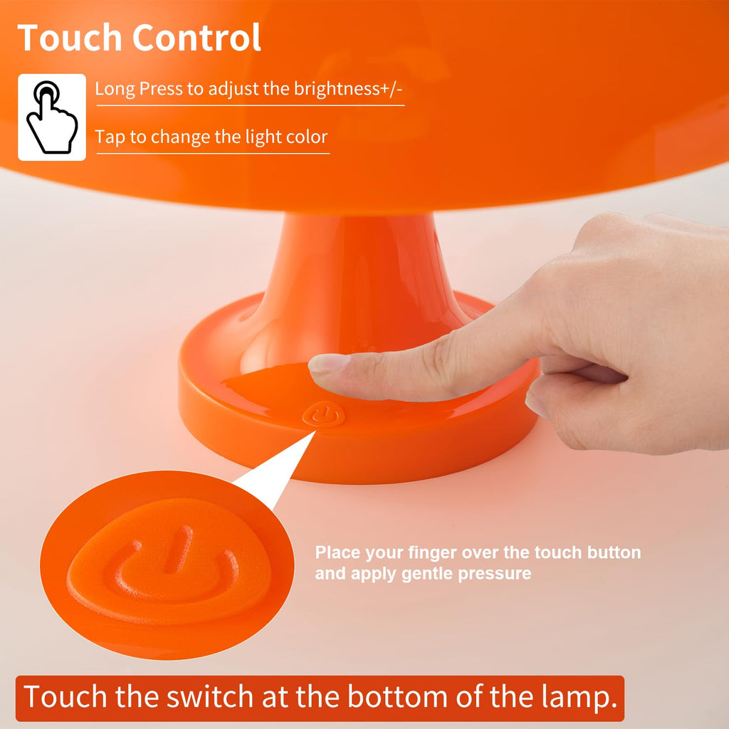 Cordless Mushroom Table Lamp, Rechargeable Orange Bedside Lamp with Touch Control and 3 Color Stepless Dimming