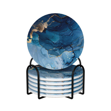 6 Pcs Ceramic Coasters with Holder Absorbent Drink Round Navy Blue Gold Marble Agate Style Design Table Coffee Cup