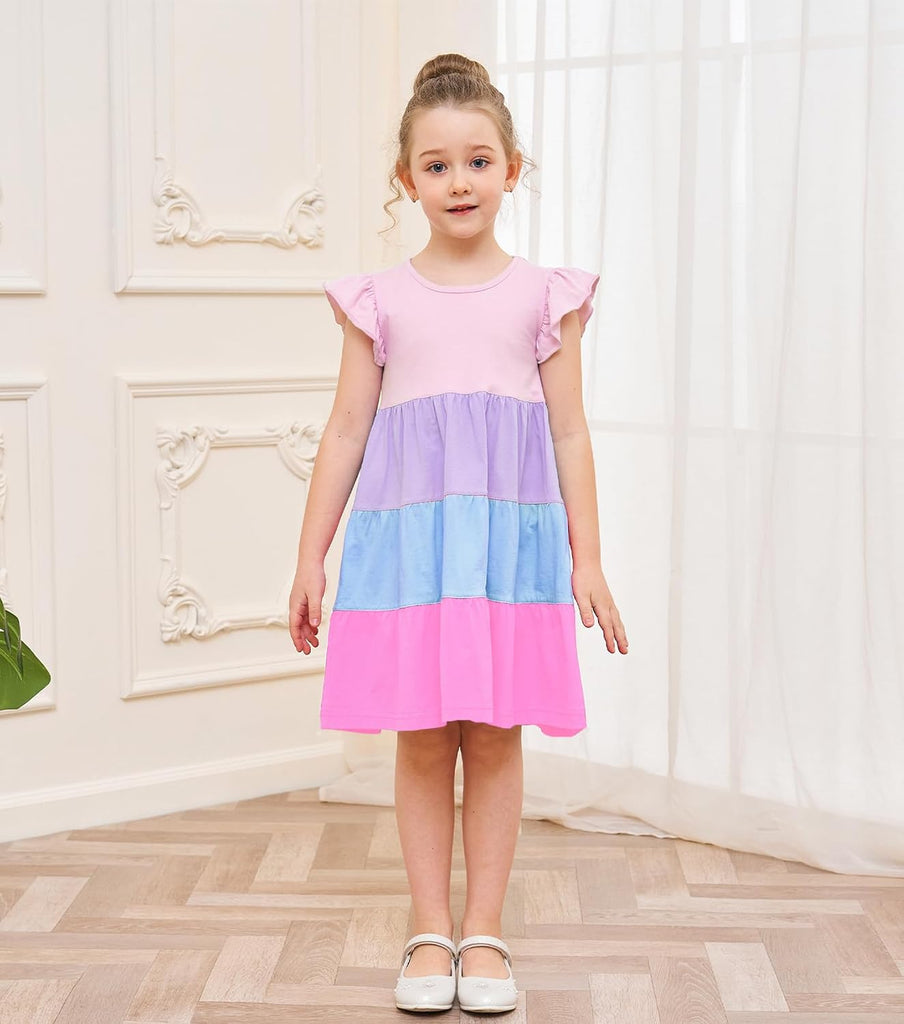 Girl's Dresses Cotton Ruffle Sleeve Tiered Swing A-Line Cute Midi Casual Sundress