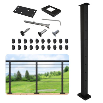 Level Drilled Cable Railing Post 36" (35"X2"x2"), Flat Bracket Stainless Steel Deck Railing Post, Black Level Holes