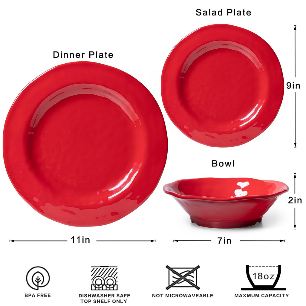 Red Melamine Dinnerware Sets, 18-Piece Melamine Dishes Set, Lightweight and Chip Resistant, Durable Plates and Bowls