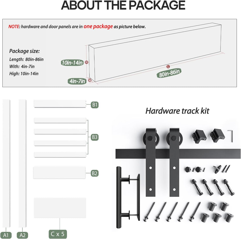 30inx80in White Barn Door and 5.5FT Sliding Barn Door Hardware Kit Included,Solid,MDF, PVC Surface,D