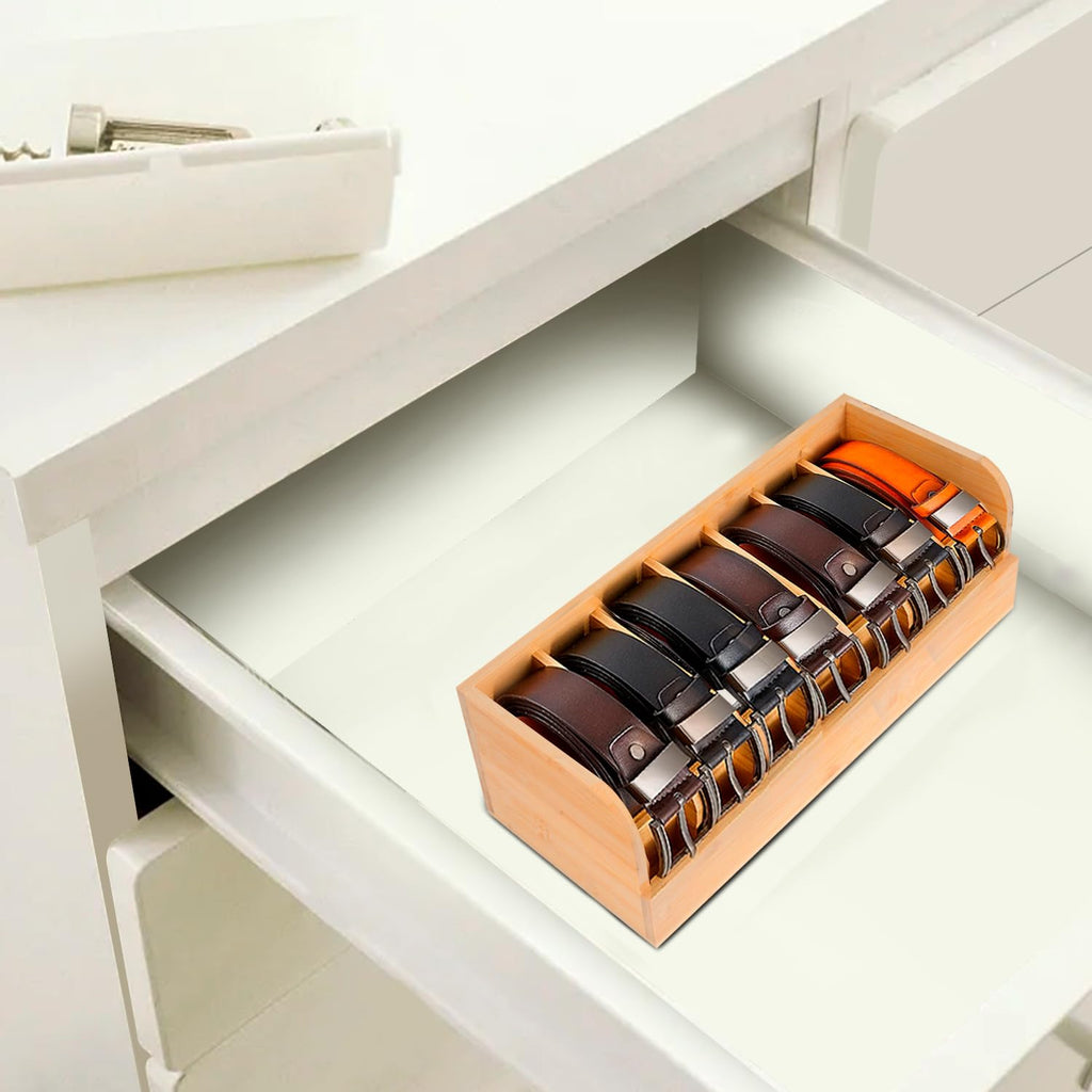 Belt Organizer, 7 Compartments Belt Organizer for Closet and Drawer, Bamboo Display Case for Tie and Belt, Belt