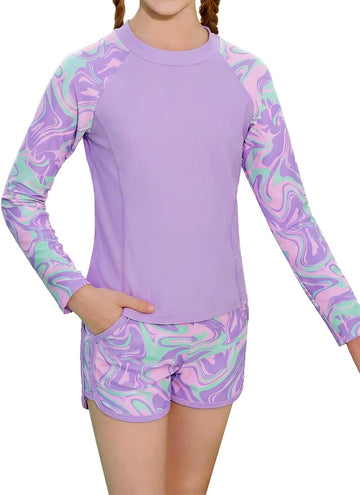 Girls Rash Guard Swimsuit Two Piece Bathing Suit UPF 50+ Sun Protection Long Sleeve Swimwear