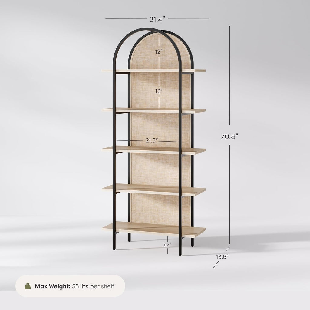 Amara Bohemian 5-Shelf Etagere Bookcase, Rattan Open Bookshelf with Arch Top, Light Oak/Matte Black