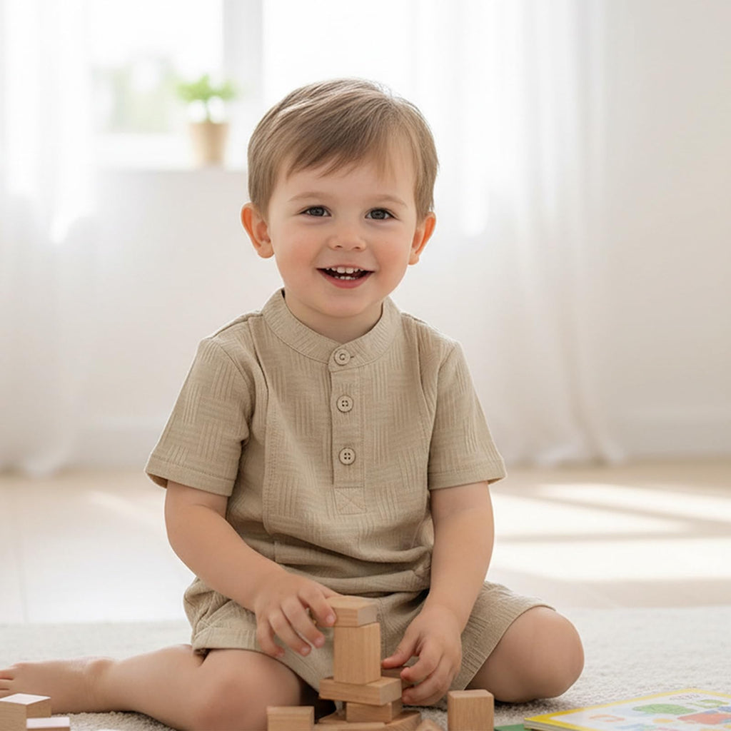 Toddler Boy Clothes Summer Henley Shirt Shorts Set 2Pcs Khaki
